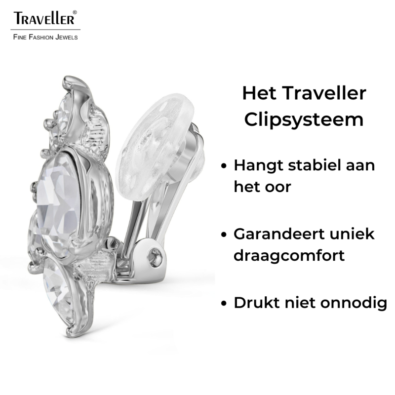 Traveller Clip Oorbellen - Zilverkleurig - Kristallen - Geplatineerd - Bloem - 20x12 mm
