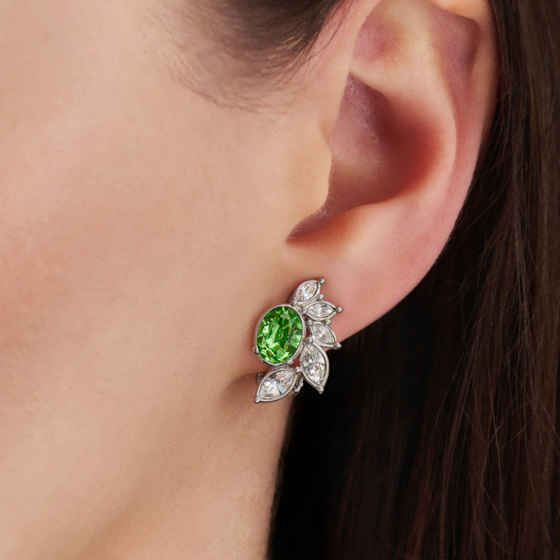 Traveller Clip-on Earrings - Silver Coloured - Crystals - Green / Peridot - Platinum Plated - Flower - 20x12 mm - 157779