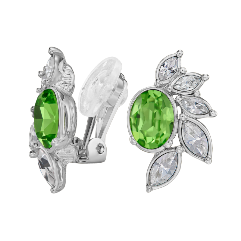 Traveller Clip Oorbellen - Zilverkleurig - Kristallen - Groen / Peridot - Geplatineerd - Bloem - 20x12 mm - 157779