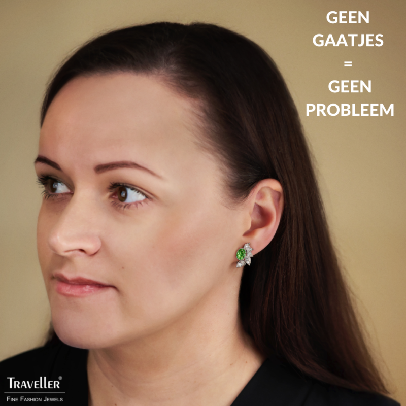 Traveller Clip Oorbellen - Zilverkleurig - Kristallen - Groen / Peridot - Geplatineerd - Bloem - 20x12 mm