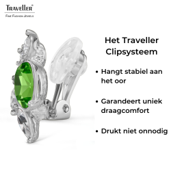 Traveller Clip Oorbellen - Zilverkleurig - Kristallen - Groen / Peridot - Geplatineerd - Bloem - 20x12 mm - 157779