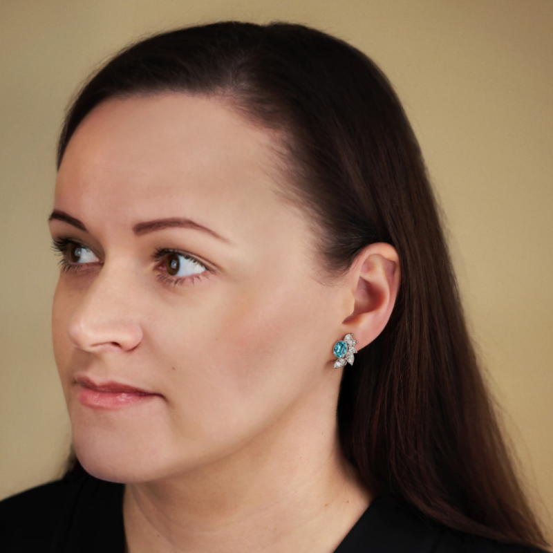 Traveller Clip-on Earrings - Silver Coloured - Crystals - Light Blue - Platinum Plated - Flower - 20x12 mm