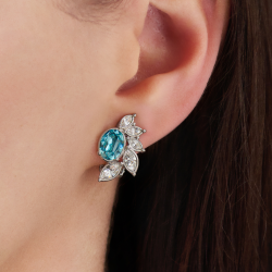 Traveller Clip-on Earrings - Silver Coloured - Crystals - Light Blue - Platinum Plated - Flower - 20x12 mm