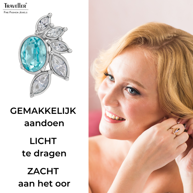 Traveller Clip Oorbellen - Zilverkleurig - Kristallen - Blauw / Aqua Bohemica - Geplatineerd - Bloem- 20x12 mm - 157781