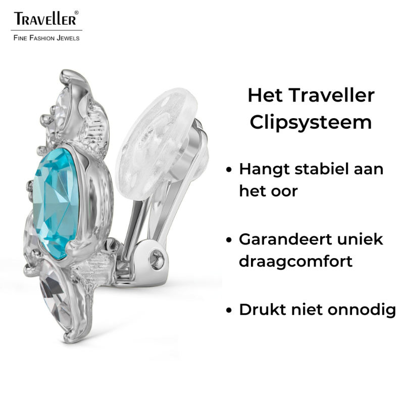 Traveller Clip Oorbellen - Zilverkleurig - Kristallen - Blauw / Aqua Bohemica - Geplatineerd - Bloem- 20x12 mm - 157781