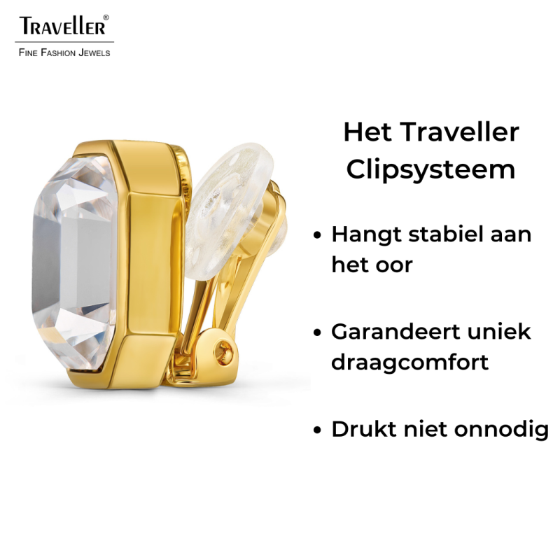 Traveller Clip Oorbellen - 22kt Verguld - Kristal - 12x10 mm - Rechthoek - 14x12mm