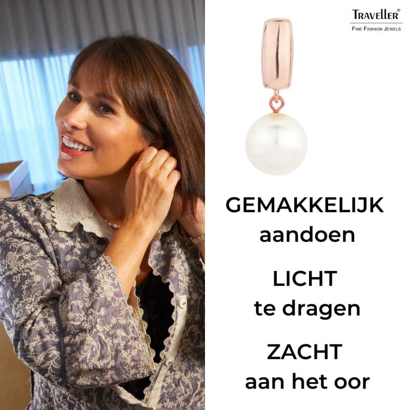 Traveller Clip-on Earrings - Drop Earrings - 18ct Rosé Gold Plated - Pearl - Ø 12mm - White - 114122