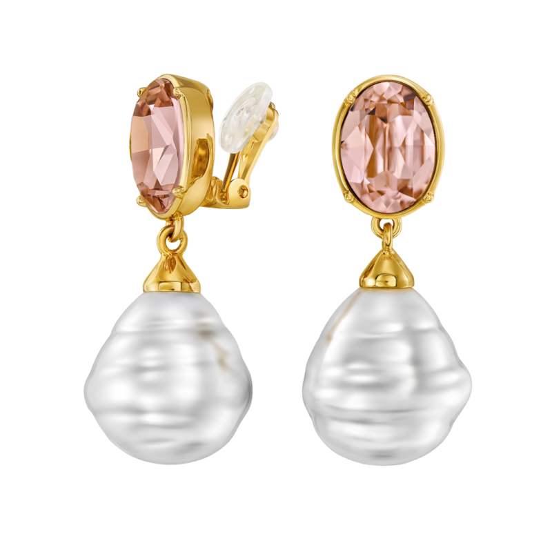 Traveller Clip-on Earrings - Drop Earring - Gold Plated - Baroque Pearls -20x17mm- White - Crystals - Pink -42mm - 114286