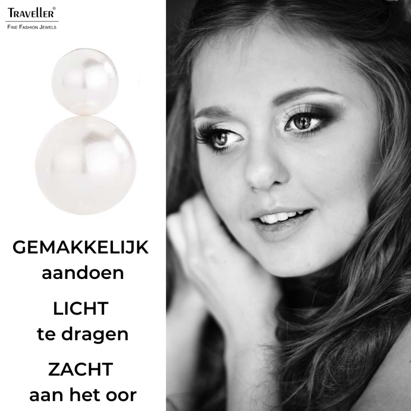 Traveller Clip Oorbellen - Zilverkleurig - Parels - 8 en 12 mm - Wit - Geplatineerd - 20x12 mm - 113105