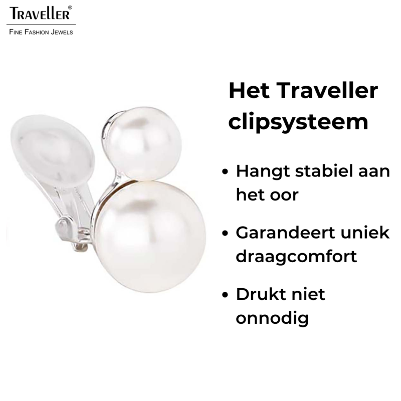 Traveller Oorbellen zonder Gaatjes - Zilverkleurig - Parels - 8 en 12 mm - Wit - Geplatineerd - 20x12 mm