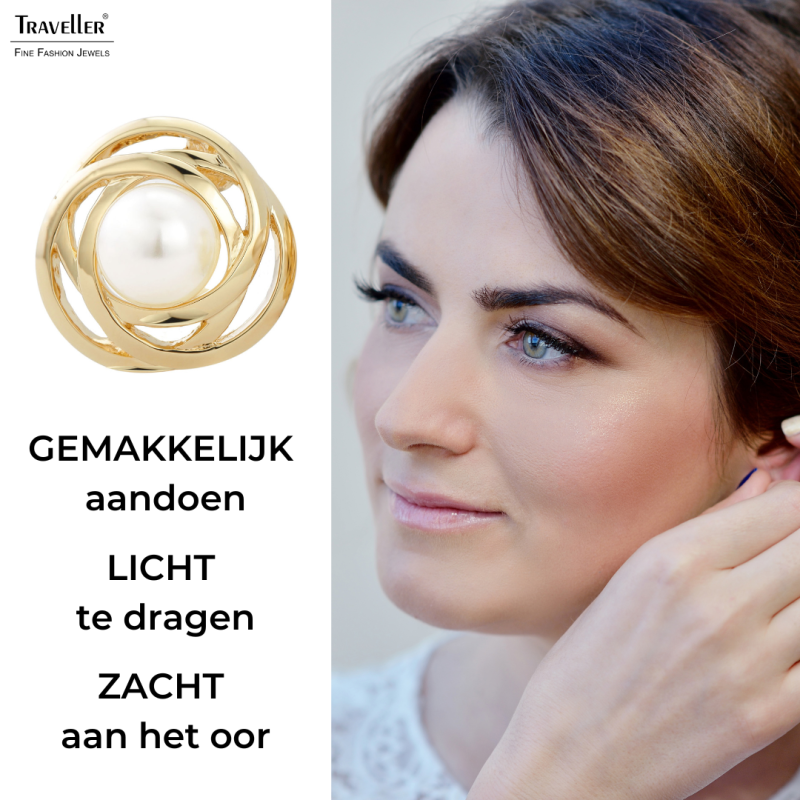 Traveller Clip Oorbellen - Parels - 10 mm - Crème - Goudkleurig - 22ct Verguld - 21 mm - 113953