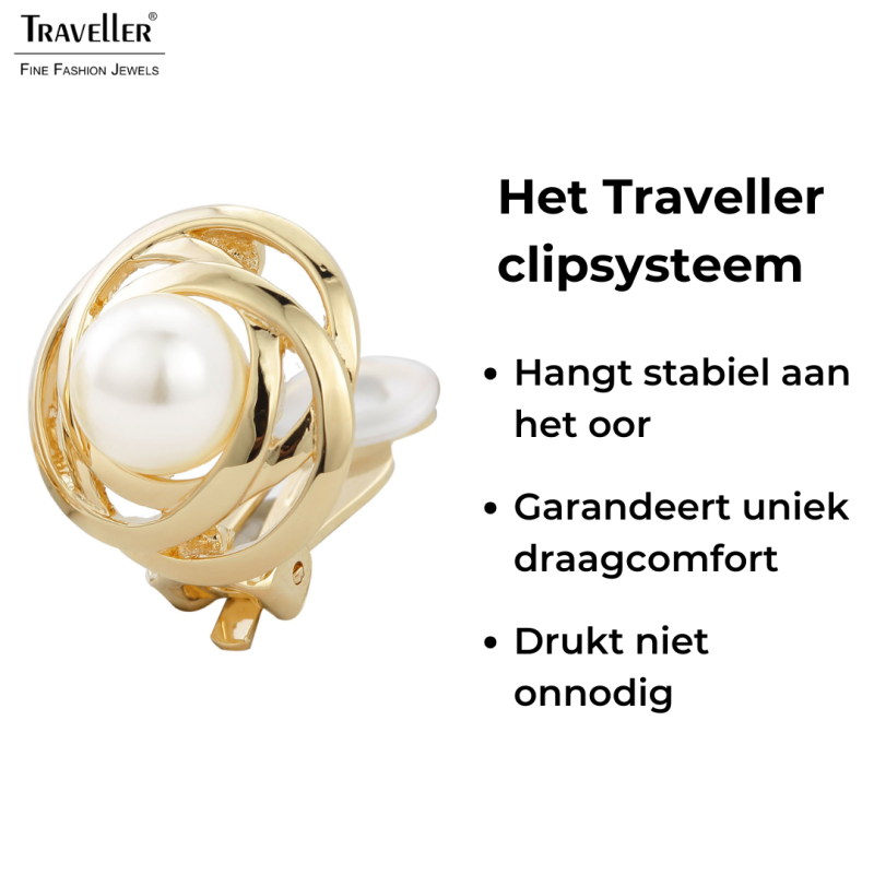 Traveller Clip Oorbellen - Parels - 10 mm - Crème - Goudkleurig - 22ct Verguld - 21 mm - 113953