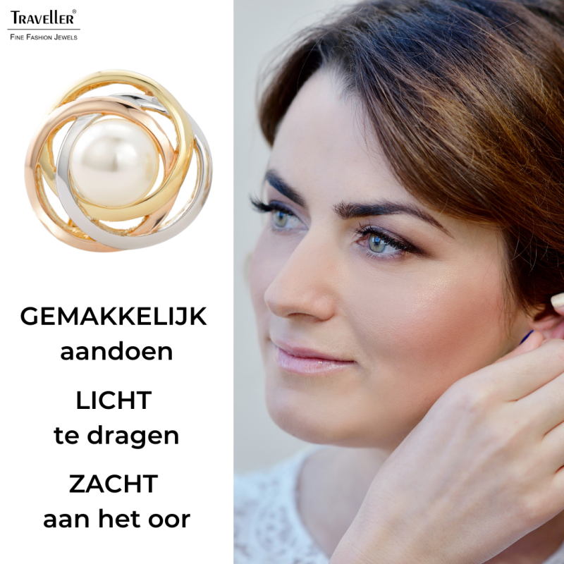 Traveller Clip Oorbellen - Parels - 10 mm - Wit - 22kt Verguld & Geplatineerd - Tricolor - 21 mm - 113955