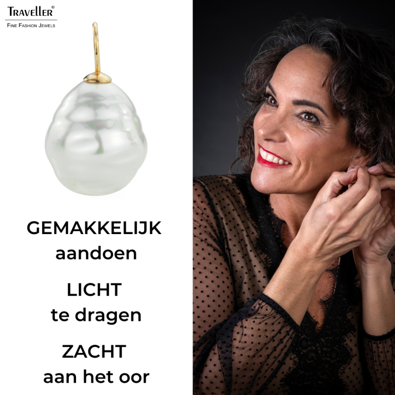 Traveller Oorhangers - 22kt Verguld - Barokparels - 20x17 mm - Wit - 22kt - 31 mm