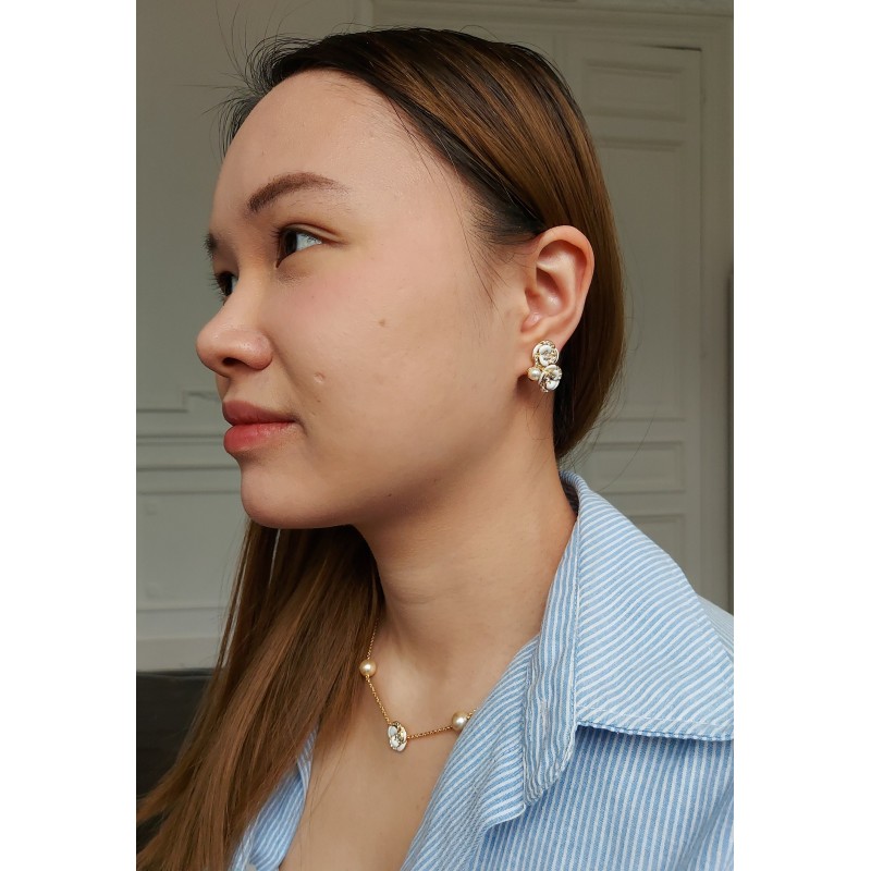 Grossé Clip-on Earrings - Blanc Camelia - Gold Plated - Pearl - Cream - Crystals - Flower - 18x22 mm - GJ63845