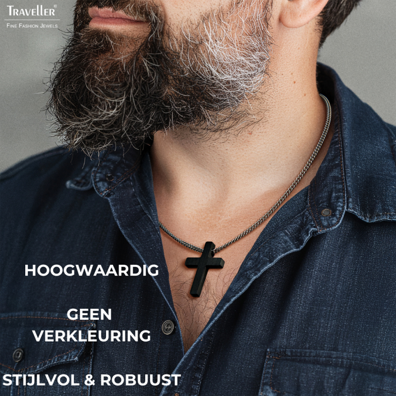 Traveller Kruis Ketting - Heren - Ketting Man - Made in Germany - Carbon & Edelstaal - 50cm lang