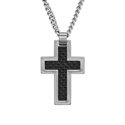 Traveller Kruis Ketting - Heren - Ketting Man - Made in Germany - Carbon & Edelstaal - Kruis 35x24mm - 50cm lang