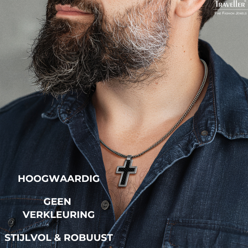 Traveller Kruis Ketting - Heren - Ketting Man - Made in Germany - Carbon & Edelstaal - 50cm lang