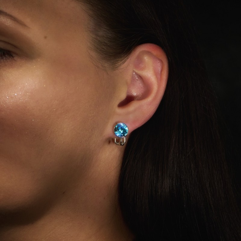 Traveller Ohrclips - Silberfarbe - Kristalle - Blau Aquamarine - Platiniert- 10 mm