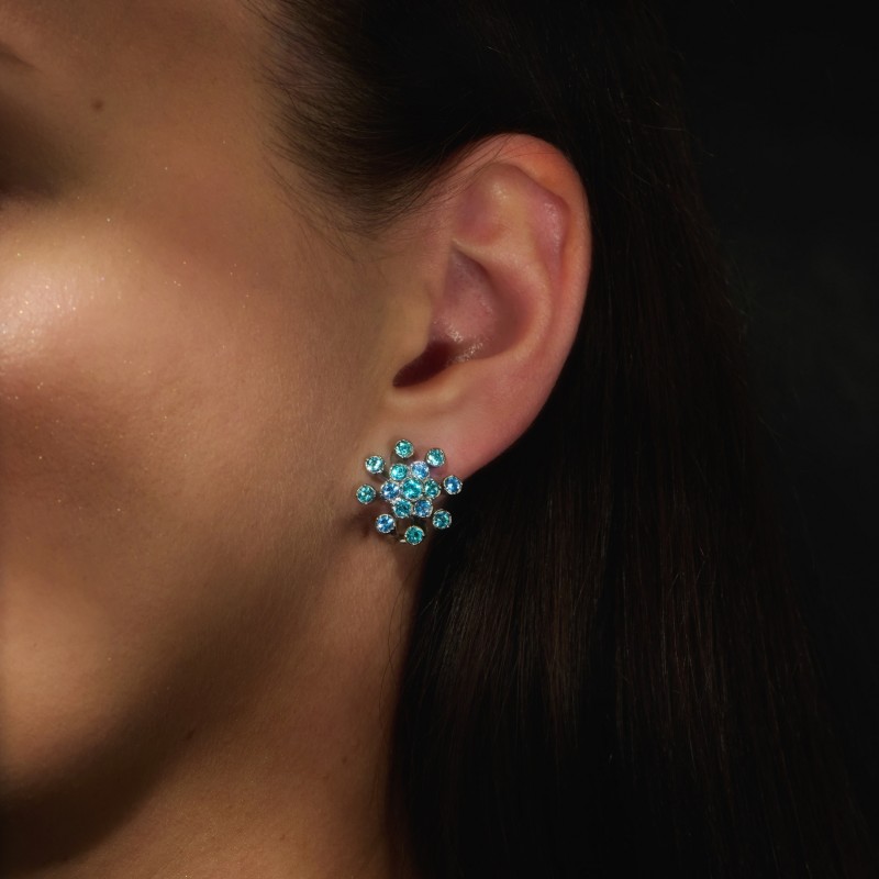 Traveller Clip Oorbellen - Zilverkleurig - Kristallen - Blauw - Bloem - Geplatineerd - 17 mm - 157547