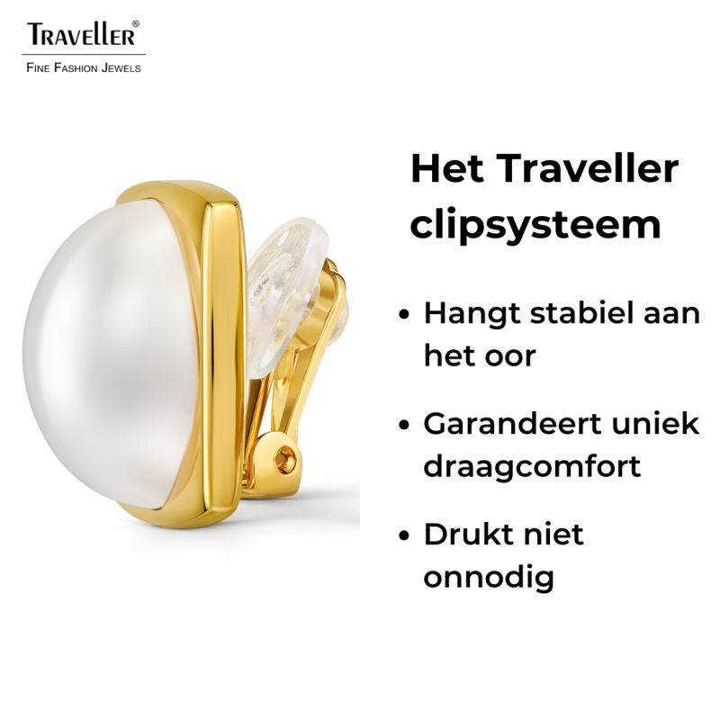 Traveller Clip Oorbellen - Verguld - Halve Parels - 16mm - Wit - 18x18mm