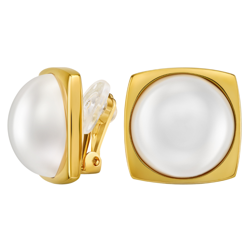 Traveller Clip Oorbellen - Verguld - Halve Parels - 16mm - Wit - 18x18mm - 114354