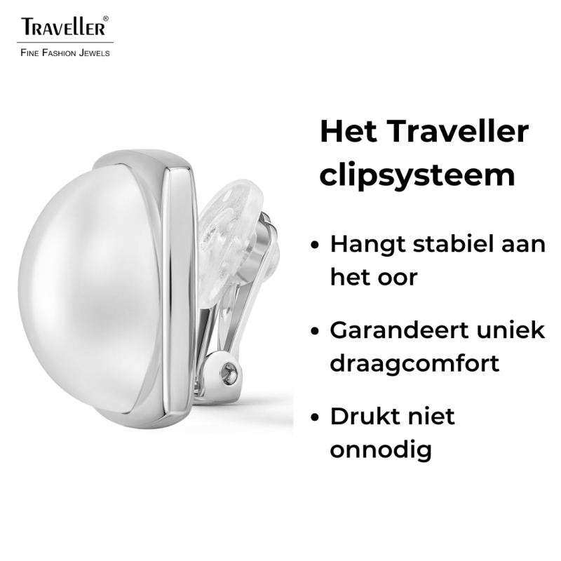 Traveller Clip Oorbellen - Zilverkleurig - Halve Parels - 16mm - Wit - Geplatineerd - 18x18mm