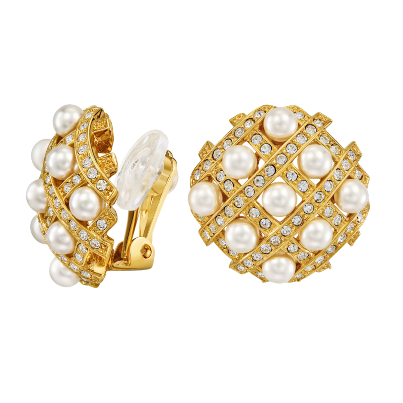 Traveller Clip Oorbellen - Verguld - Parels - 4mm - Wit - Kristallen - 22x22mm - 114357
