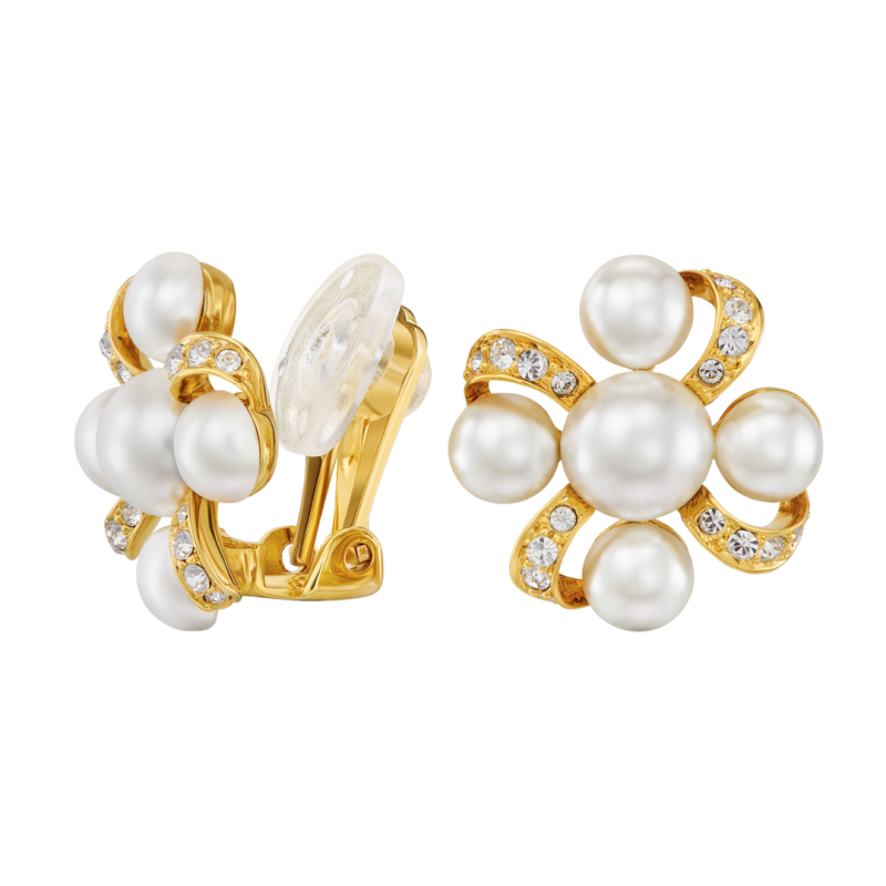 Traveller Clip Oorbellen - Verguld - Parels - 8 & 6 mm - Wit - Kristallen - 20x20mm - 114359