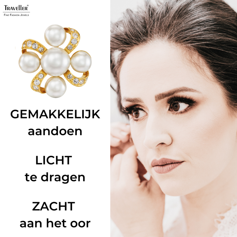 Traveller Clip Oorbellen - Verguld - Parels - 8 & 6 mm - Wit - Kristallen - 20x20mm - 114359