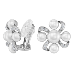 Traveller Clip Oorbellen - Zilverkeurig - Parels - 8&6mm - Wit - Kristallen - Geplatineerd - 20x20mm