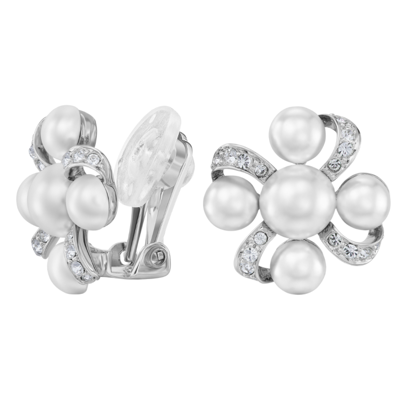 Traveller Clip Oorbellen - Zilverkeurig - Parels - 8&6mm - Wit - Kristallen - Geplatineerd - 20x20mm - 114360