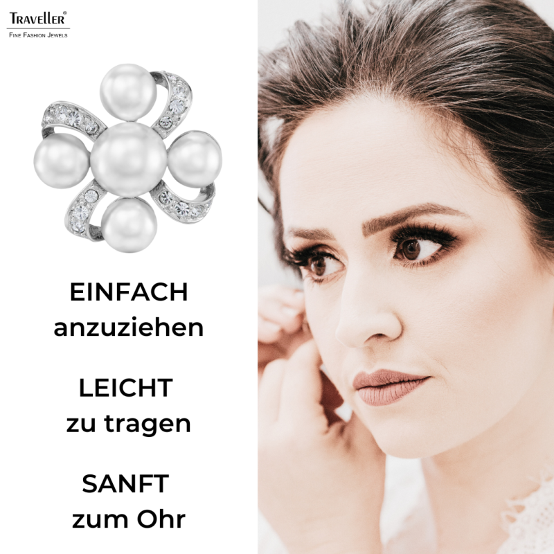 Traveller Ohrclips - Silberfarben - Perle - 8&6mm - Weiß - Kristalle - Platiniert - 20x20mm - 114360