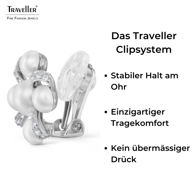 Traveller Ohrclips - Silberfarben - Perle - 8&6mm - Weiß - Kristalle - Platiniert - 20x20mm