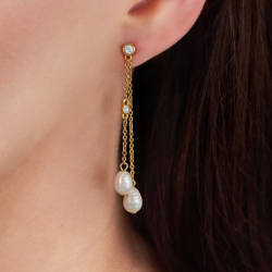 Traveller Drop Earrings - Gold Plated - Baroque Pearls - 8x6mm - White - Crystal - 55x6mm