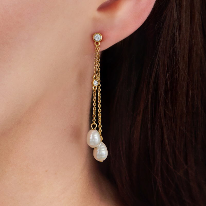Traveller Drop Earrings - Gold Plated - Baroque Pearls - 8x6mm - White - Crystal - 55x6mm - 114361