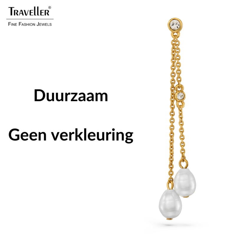 Traveller Oorhangers - Verguld - Barokparels - 8x6mm - Wit - Kristal - 55x6mm - 114361