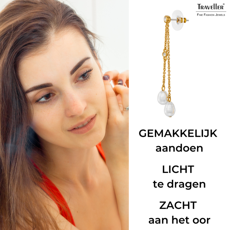 Traveller Oorhangers - Verguld - Barokparels - 8x6mm - Wit - Kristal - 55x6mm - 114361