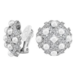 Traveller Clip Oorbellen - Zilverkleurig - Parels - 4mm - Wit - Kristallen - Geplatineerd - 22x22mm