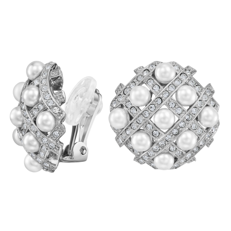 Traveller Clip Oorbellen - Zilverkleurig - Parels - 4mm - Wit - Kristallen - Geplatineerd - 22x22mm - 114358
