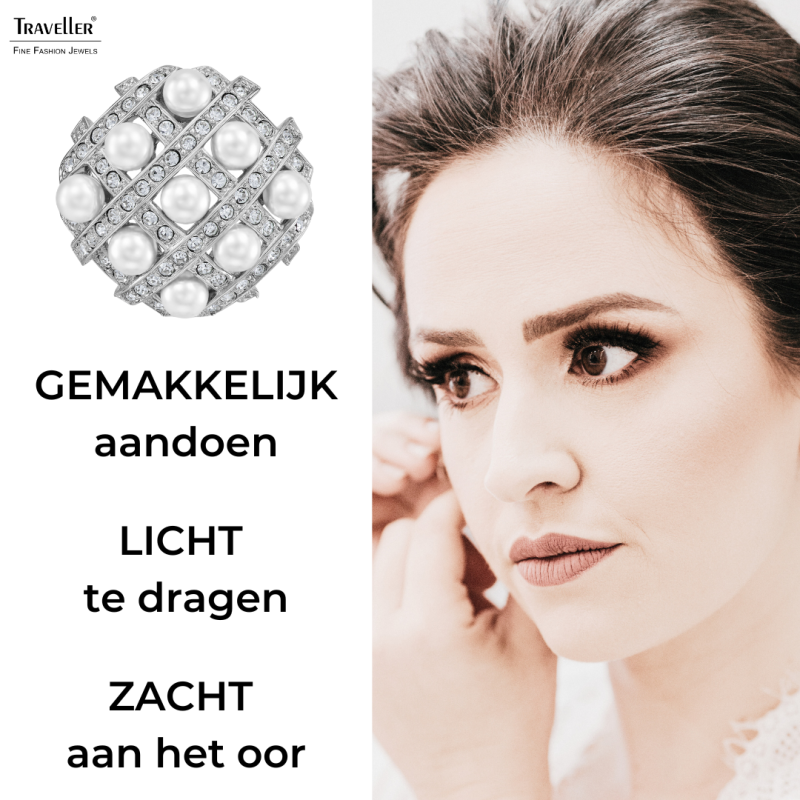 Traveller Clip Oorbellen - Zilverkleurig - Parels - 4mm - Wit - Kristallen - Geplatineerd - 22x22mm - 114358