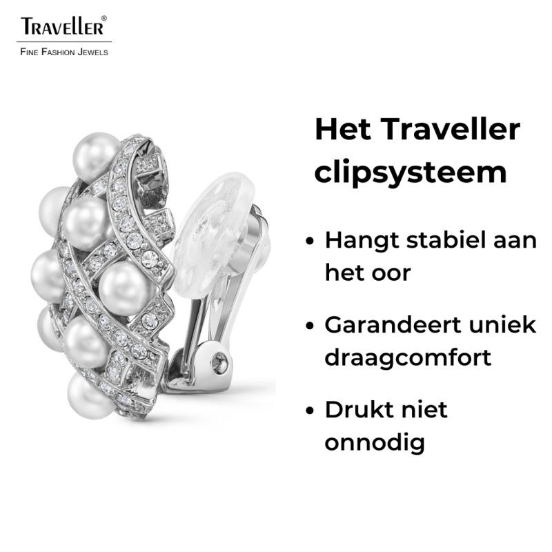 Traveller Clip Oorbellen - Zilverkleurig - Parels - 4mm - Wit - Kristallen - Geplatineerd - 22x22mm