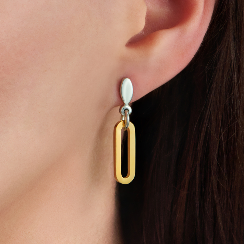 Traveller Drop Earrings - Stainless Steel - Bicolor - Silver Coloured & Gold Plated - Ovale Links - 20x7 mm