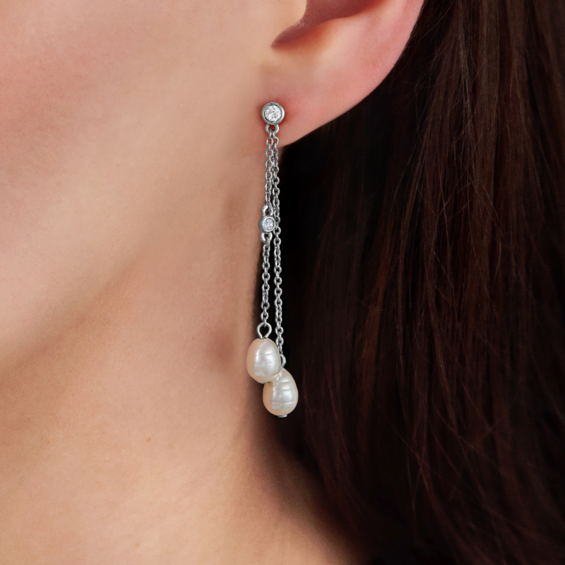 Traveller Drop Earrings - Silver Coloured - Baroque Pearls - 8x6mm - White - Crystals - Platinum Plated - 55x6mm - 114362