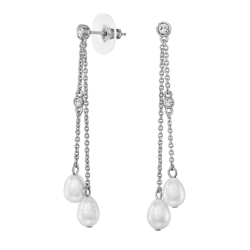 Traveller Drop Earrings - Silver Coloured - Baroque Pearls - 8x6mm - White - Crystals - Platinum Plated - 55x6mm