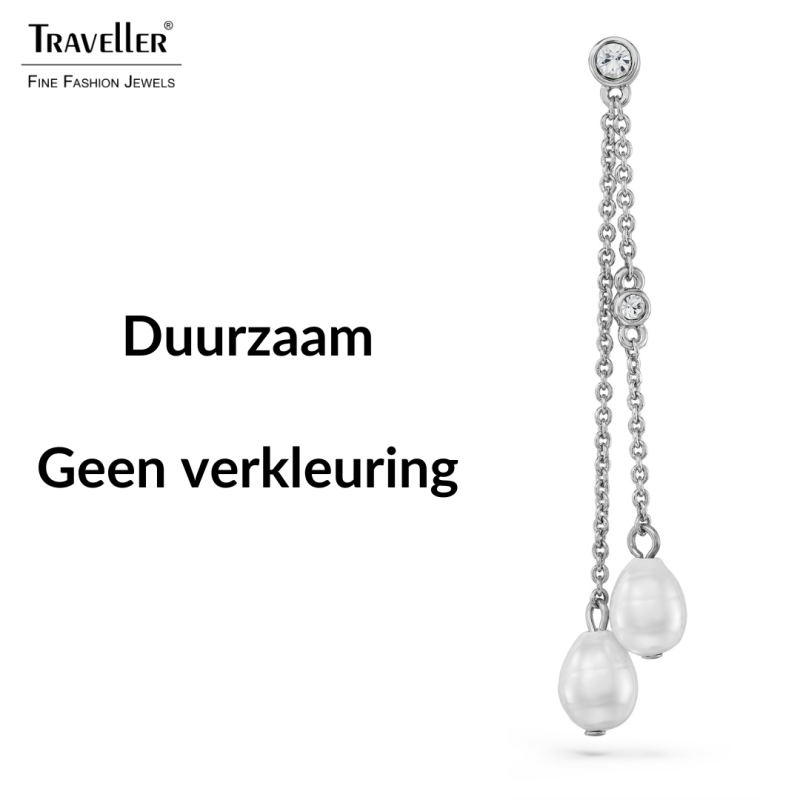 Traveller Oorhangers - Zilverkleurig - Barokparels - 8x6mm - Wit - Kristal - Geplatineerd - 55x6mm - 114362