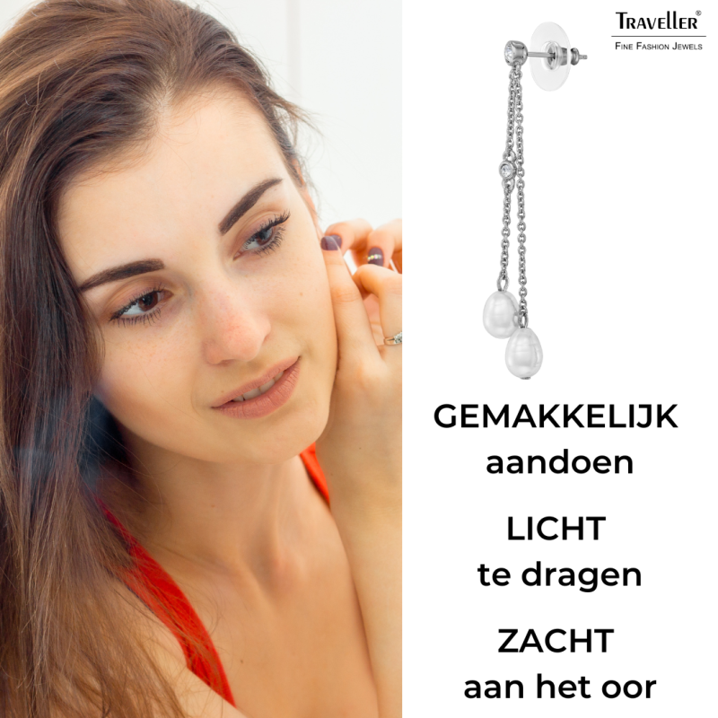 Traveller Oorhangers - Zilverkleurig - Barokparels - 8x6mm - Wit - Kristal - Geplatineerd - 55x6mm