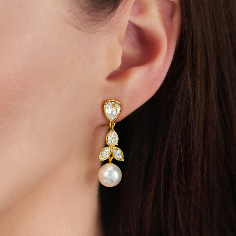 Traveller Clip-on Earrings - Drop Earrings - Gold Plated - Pearls - 10mm - White - Crystals - 35x10mm