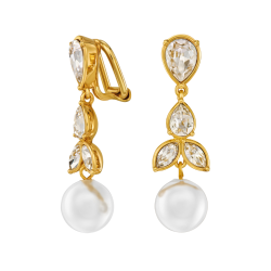Traveller Clip-on Earrings - Drop Earrings - Gold Plated - Pearls - 10mm - White - Crystals - 35x10mm - 114363
