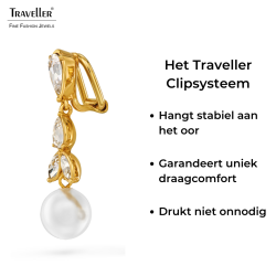 Traveller Clip Oorbellen - Hangers - Verguld - Parels - 10mm - Wit - Kristallen - 35x10mm